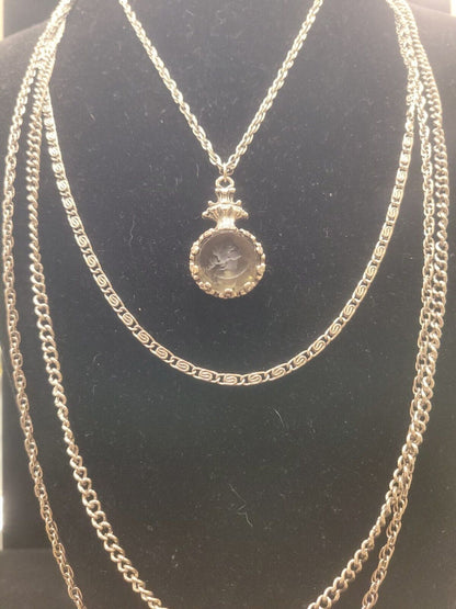 1960'S Goldette Silver Tone Smoky Glass Incused Cameo Layered Chain Necklace