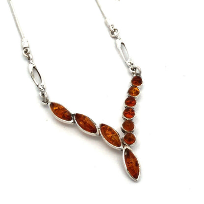 Vintage 925 Sterling Silver Oval Round Amber Cluster Modernist Pendant Necklace