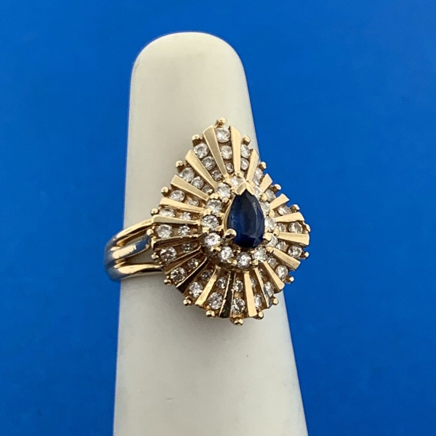 Designer 14K Yellow Gold Sapphire Diamond Cluster Statement Cocktail Ring