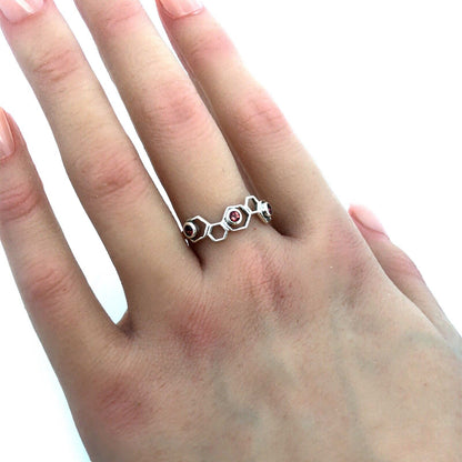 925 Sterling Silver Round Pink Tourmaline Honeycomb Hexagon Band Ring