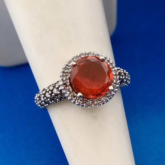 Stunning 14K White Gold Mexican Fire Opal Diamond Halo Ladies Cocktail Ring