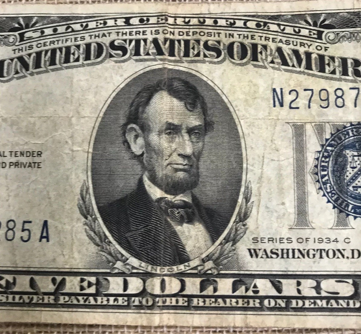 1934 C $5 United States Silver Certificate Julian/Snyder Fr. 1653