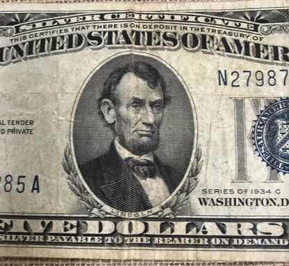 1934 C $5 United States Silver Certificate Julian/Snyder Fr. 1653