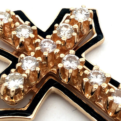 Estate 14K Yellow Gold Round Diamond Black Enamel Statement Cross Pendant