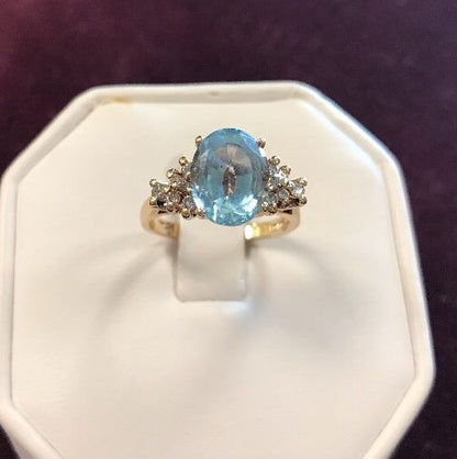 Vintage 10K Yellow Gold Blue Topaz Waterfall Diamond Engagement Anniversary Ring