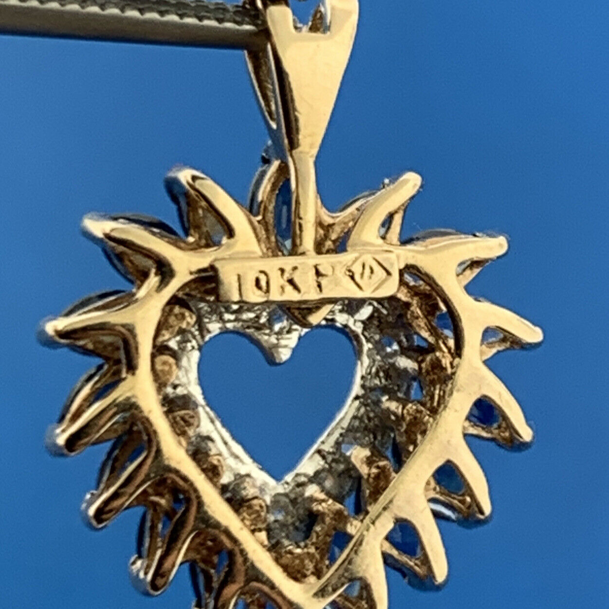 Designer 10k Yellow Gold Marquise Blue Sapphire Diamond Accent Heart Pendant