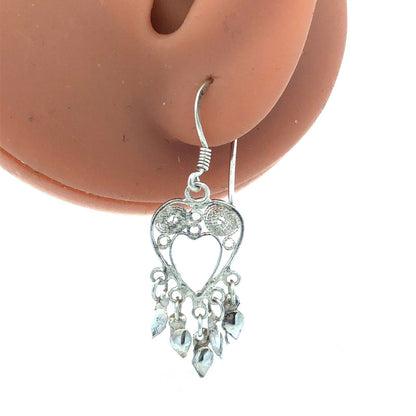 925 Sterling Silver Filigree Heart Dangle Hook Earrings