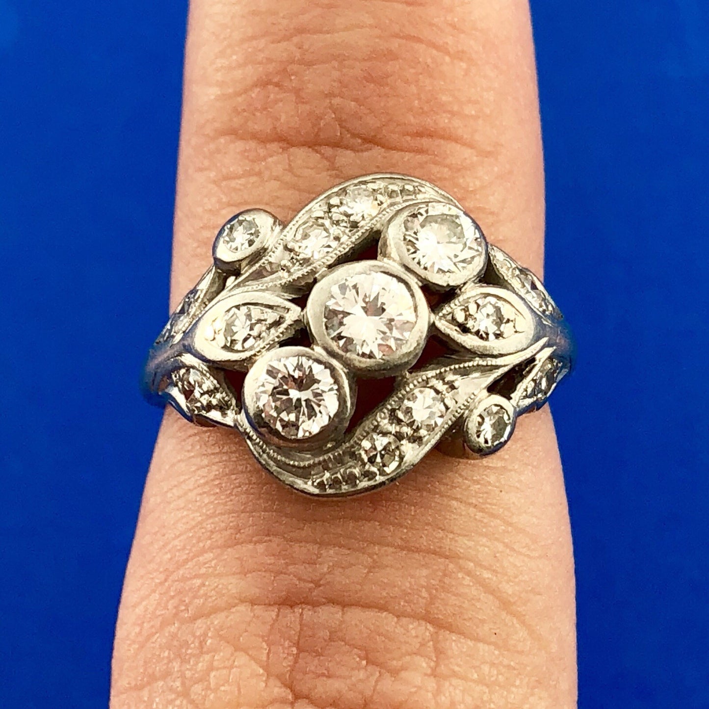 Art Nouveau Art Deco Platinum Diamond Floral Cluster Engagement Cocktail Ring