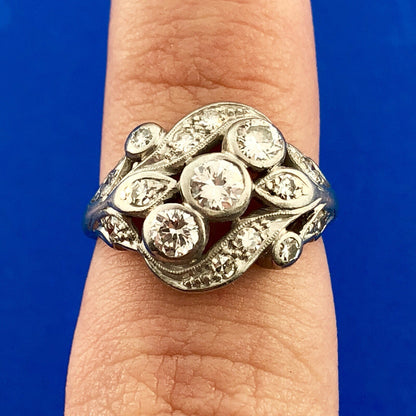 Art Nouveau Art Deco Platinum Diamond Floral Cluster Engagement Cocktail Ring