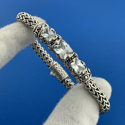 925 Sterling Silver Cubic Zirconia CZ Balinese Style Statement Bracelet