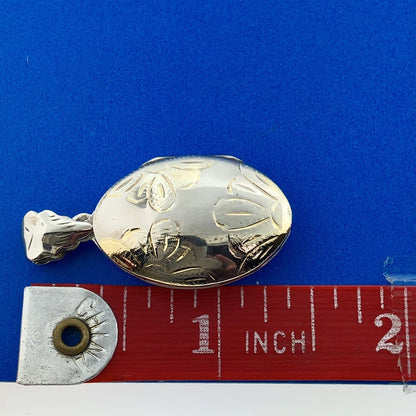 Vintage 925 Sterling Silver Two Toned Floral Etched Oval Locket Pendant