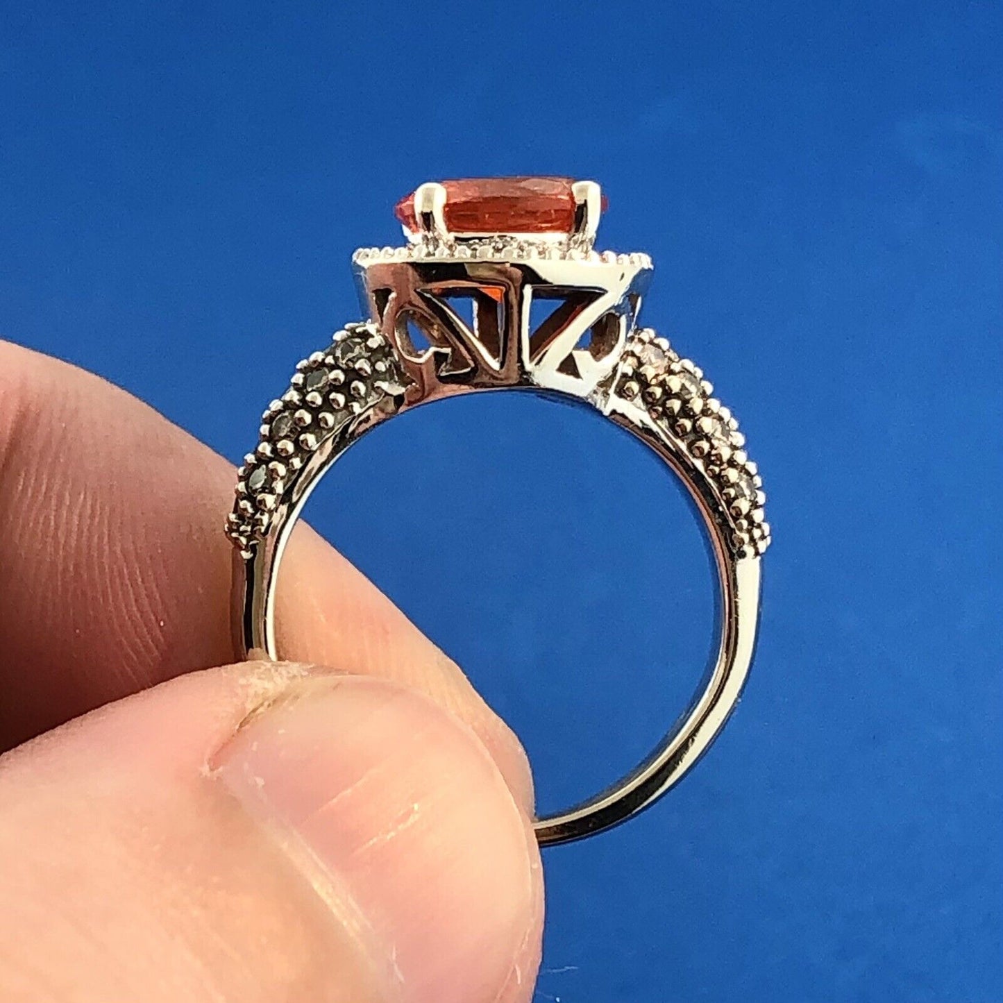 Stunning 14K White Gold Mexican Fire Opal Diamond Halo Ladies Cocktail Ring