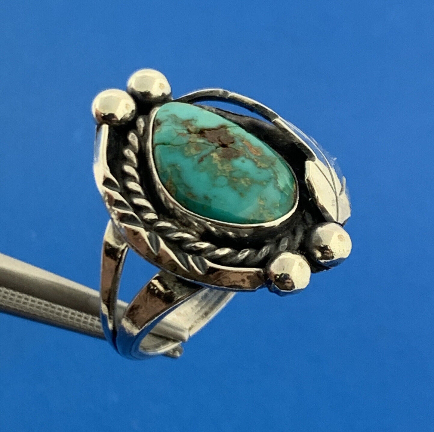 Native American Sterling Silver 925 Cabochon Blue Turquoise Floral Ring Size 7