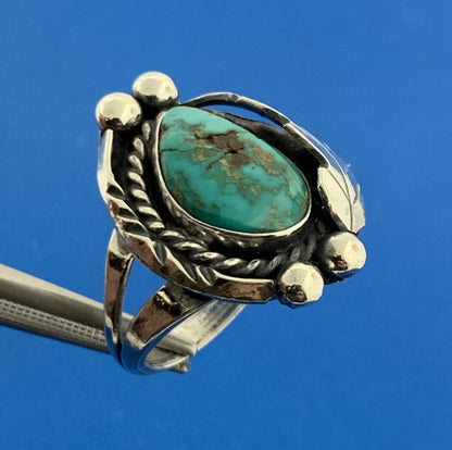 Native American Sterling Silver 925 Cabochon Blue Turquoise Floral Ring Size 7