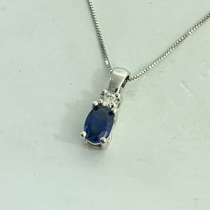Designer 14K White Gold Oval Sapphire Round Diamond Petite Pendant Necklace