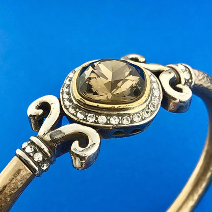 Stunning Silver Plated Smoky Quartz White Rhinestone Hinged Cuff 6.5" Bracelet