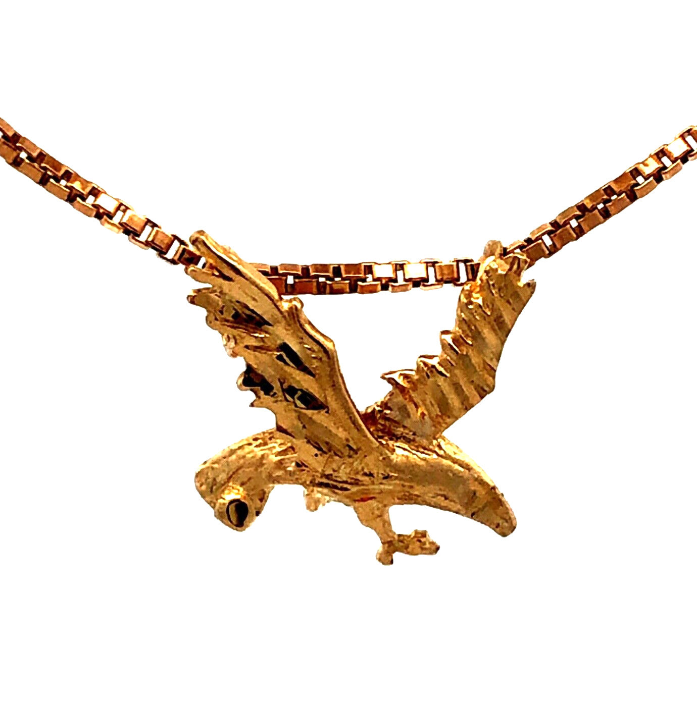 14K Yellow Gold Diamond Cut Flying Eagle Pendant Chain Necklace