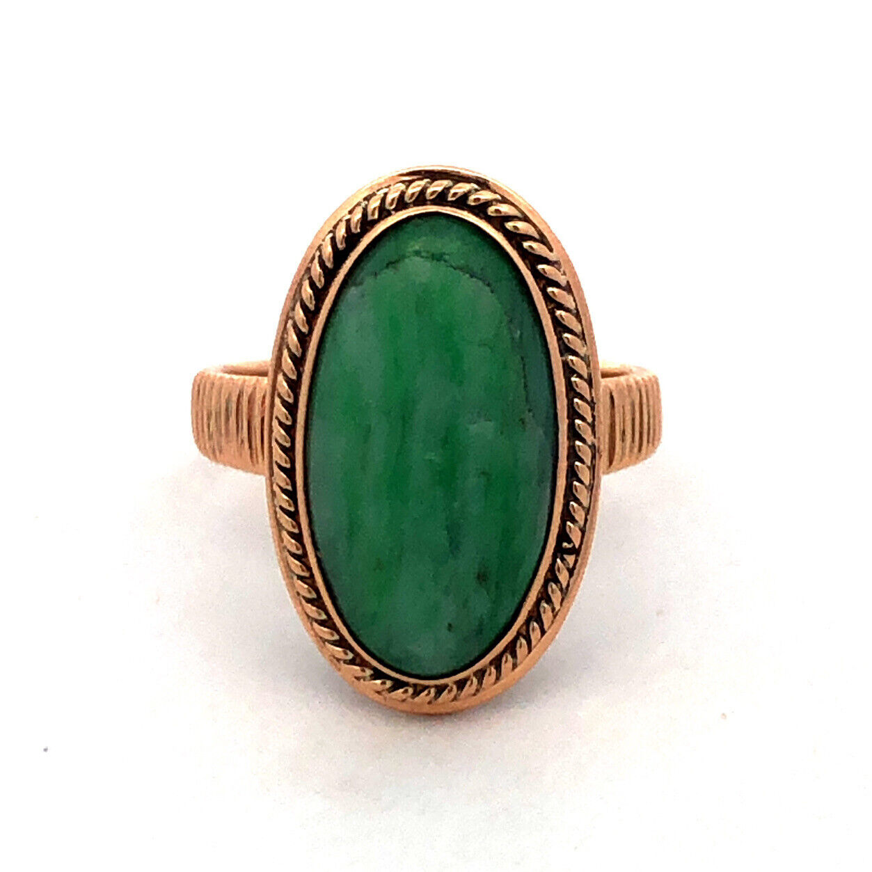 Vintage 14K Yellow Gold Oval Green Jade Bezel Solitaire Textured Statement Ring