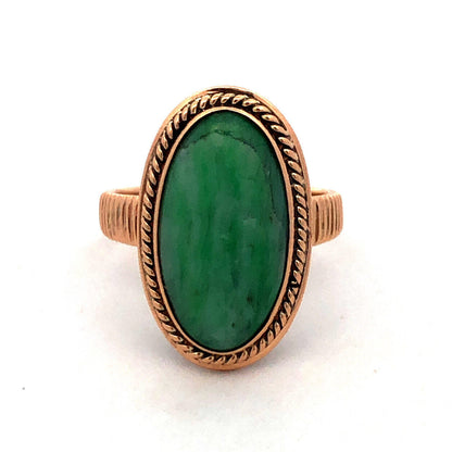 Vintage 14K Yellow Gold Oval Green Jade Bezel Solitaire Textured Statement Ring