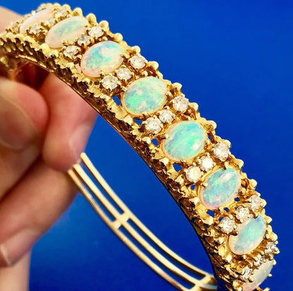 Vintage Jack Gutschneider 14k Yellow Gold Filigree Opal Diamond Cuff Bracelet