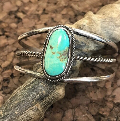 Native American Sterling Silver Oval Green Royston Turquoise Split Cuff Bracelet