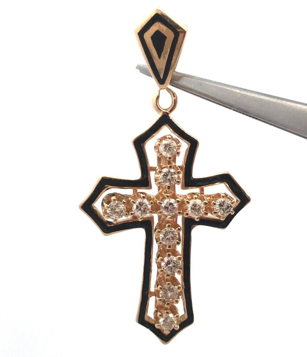 Estate 14K Yellow Gold Round Diamond Black Enamel Statement Cross Pendant