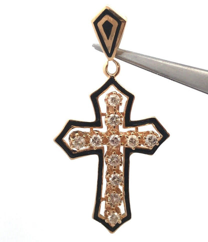 Estate 14K Yellow Gold Round Diamond Black Enamel Statement Cross Pendant