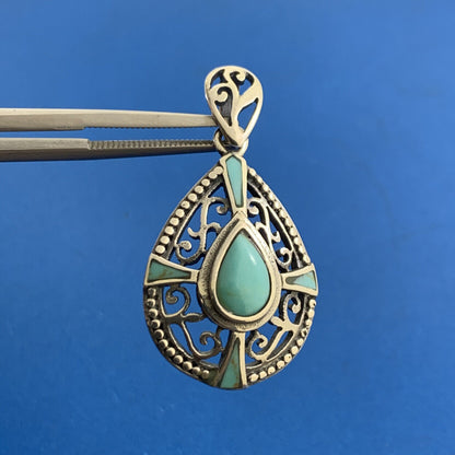 Balinese Style 925 Sterling Silver Pear Turquoise Bead And Scroll Pendant