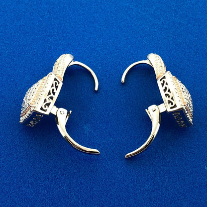 Designer SUN Silver Rose Toned Accent Pave Diamond Lever Back Earrings