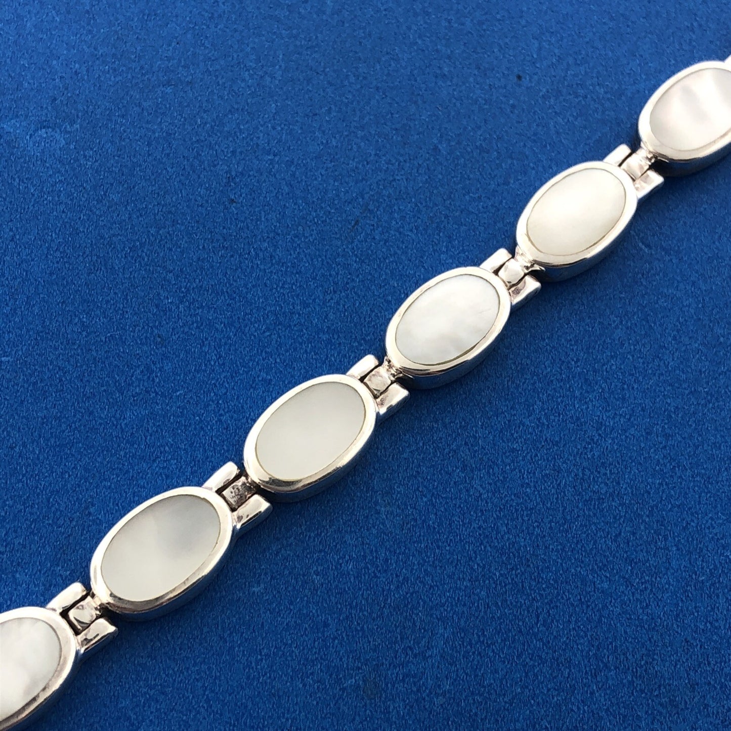 Designer 925 Sterling Silver Mother Of Pearl Cabochon Oval Panel Tennis Bracelet