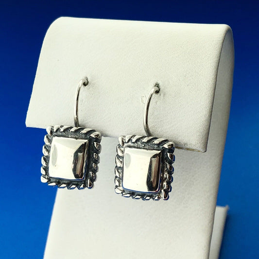 Retro Modernist 925 Sterling Silver Square Rope Halo Drop Dangle Earrings