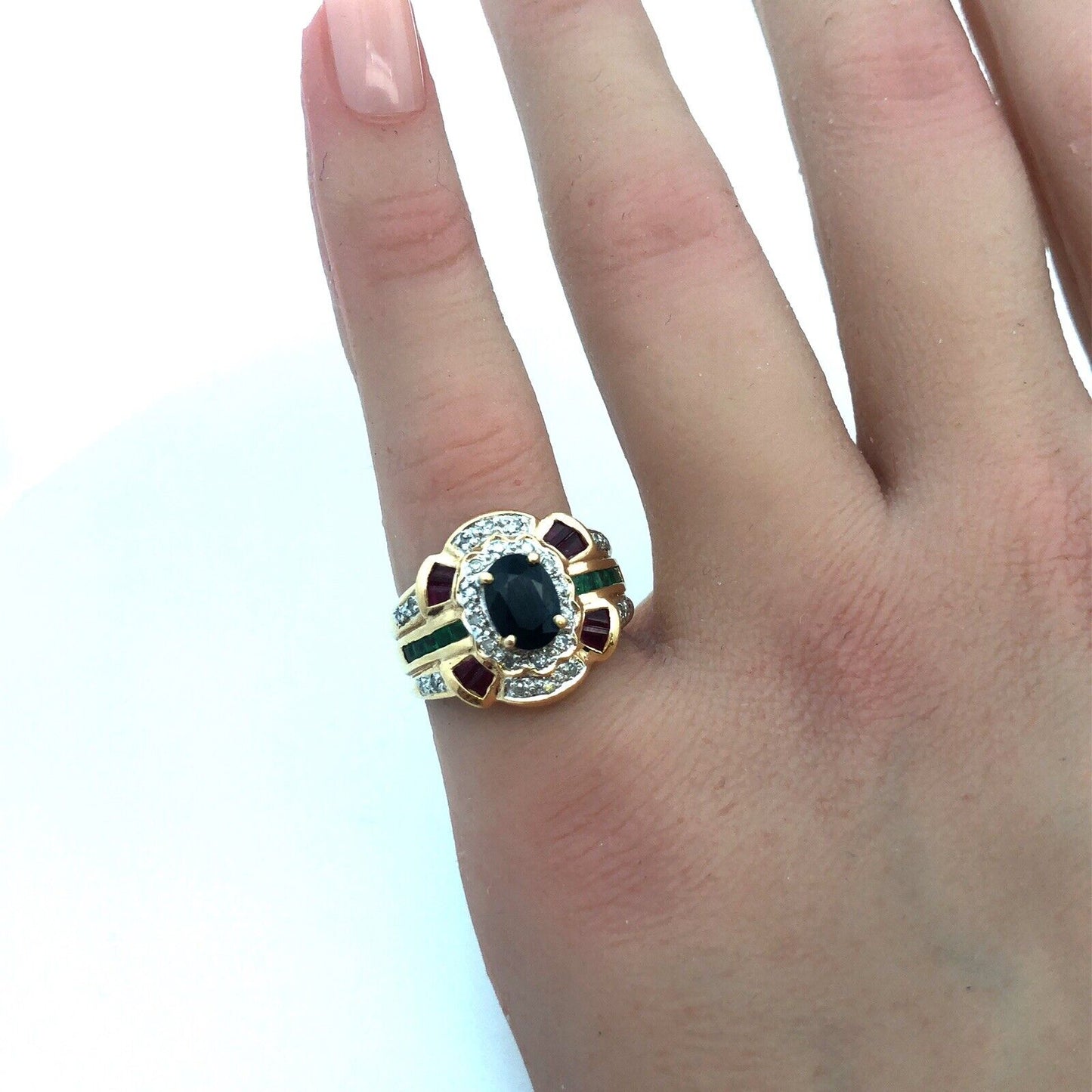 Designer 14K Yellow Gold Oval Blue Sapphire Emerald Ruby Diamond Accented Ring