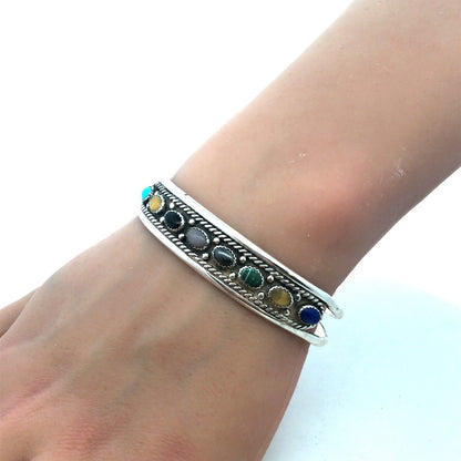 Vintage Signed Old Pawn Native American Oval Mixed Gemstone Open Cuff Bracelet