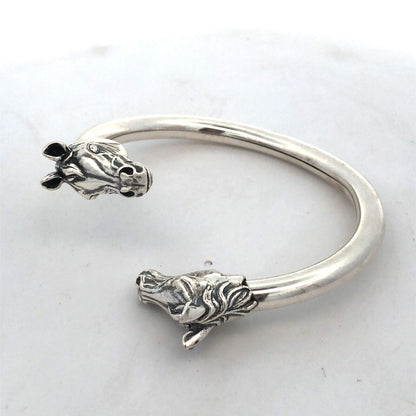 Designer 925 Sterling Silver Horse Head Equine Bypass Open Cuff Bracelet