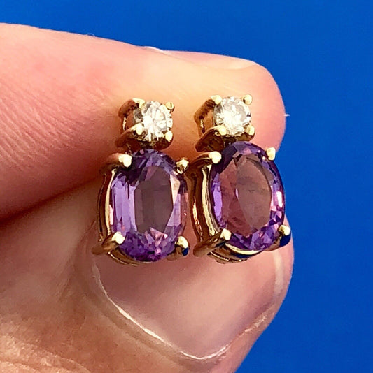 Classic 14K Yellow Gold Oval Amethyst Diamond Stud Earrings