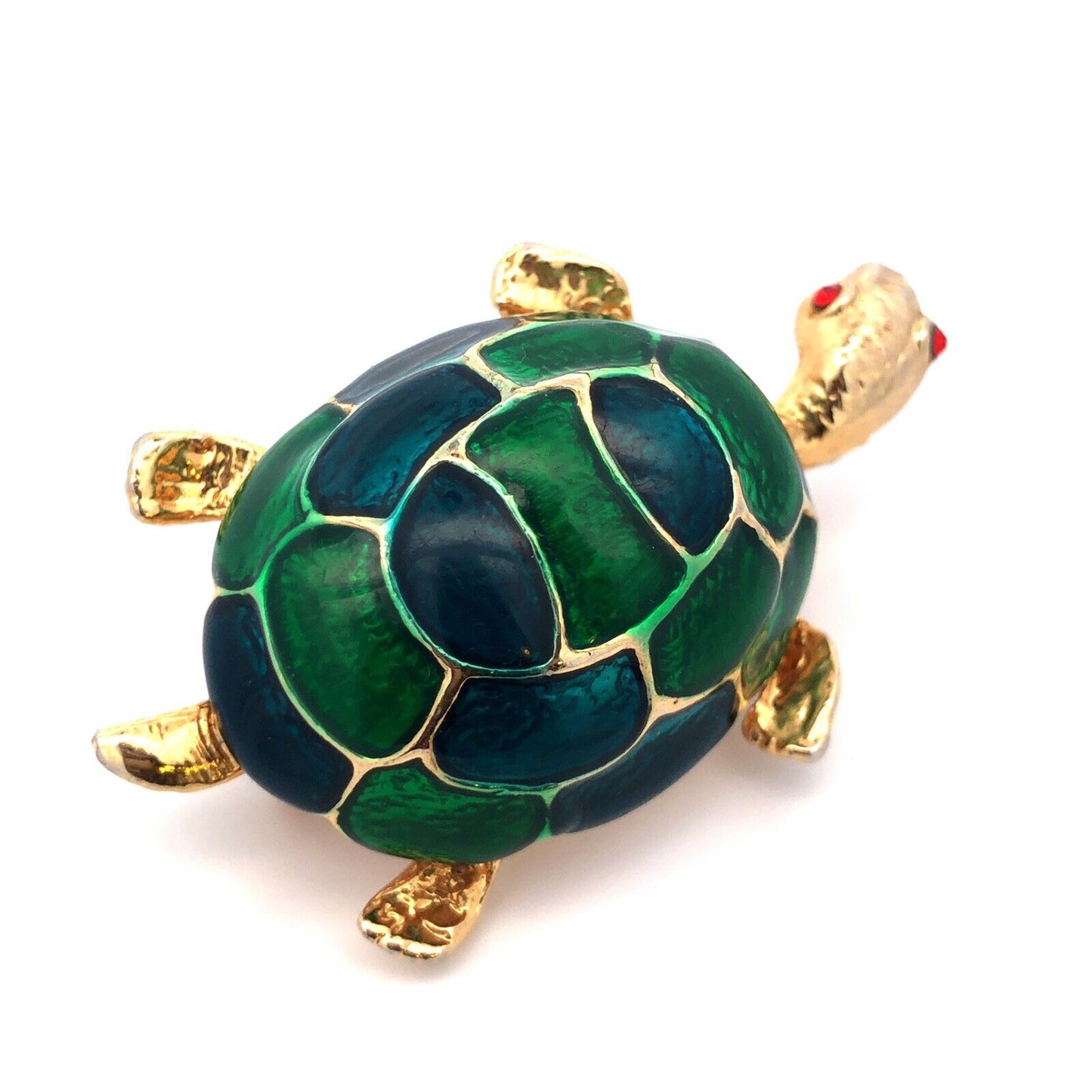 Vibrant Gold Tone Blue Green Enamel Red Rhinestone Turtle Scarf Lapel Pin Brooch