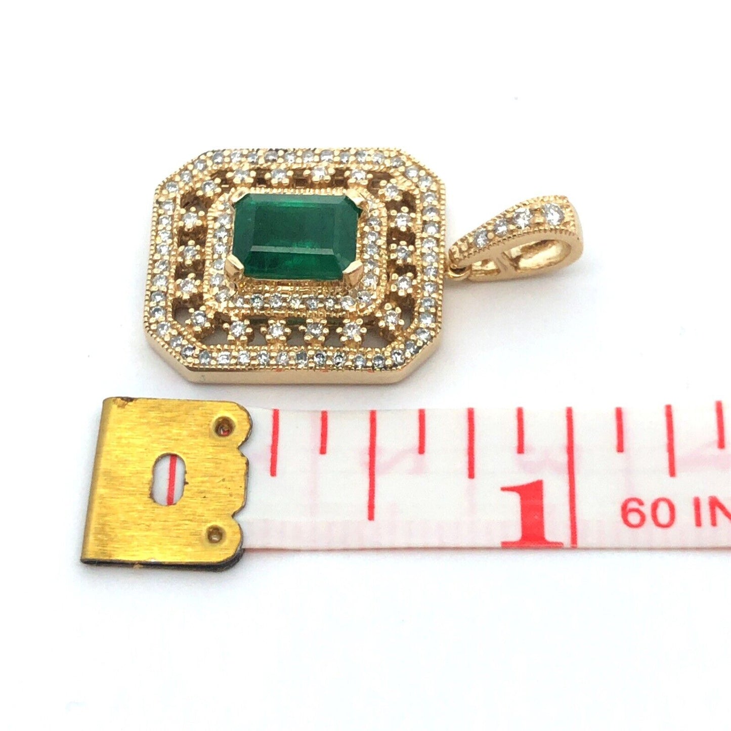 Designer 14K Yellow Gold Emerald Diamond Triple Halo Statement Estate Pendant