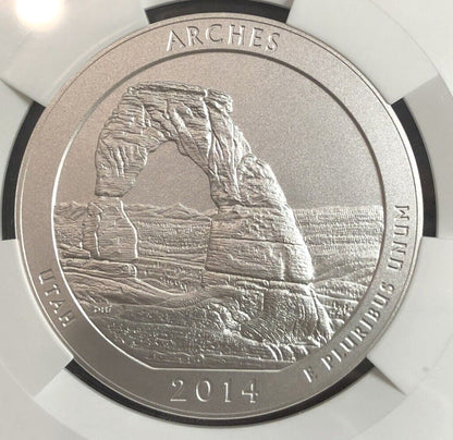 NGC 2014 P Arches Utah SP 70 America The Beautiful ATB 25C 5oz Silver Coin