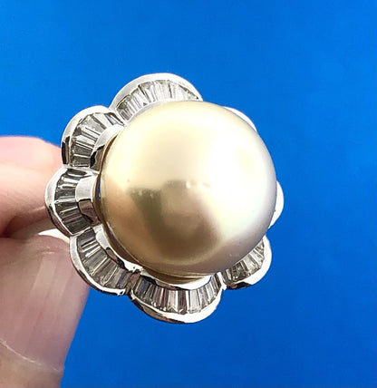 Stunning Estate 14K White Gold Pearl Diamond Baguette Halo Statement Ring