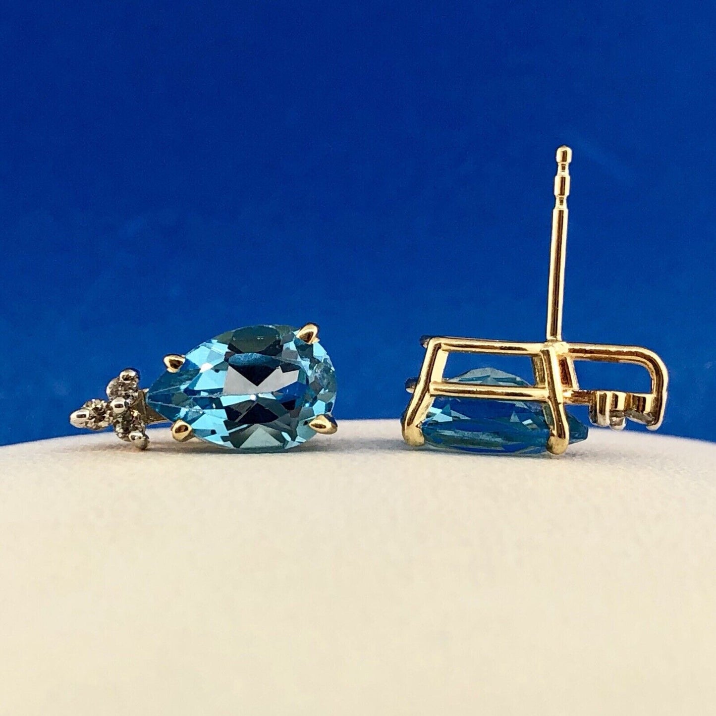 14K Yellow Gold Swiss Blue Topaz Diamond December Anniversary Pear Stud Earrings