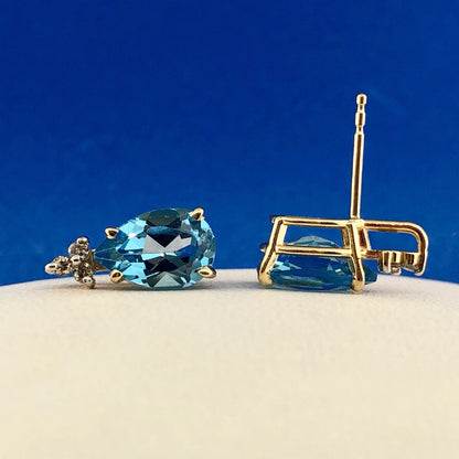 14K Yellow Gold Swiss Blue Topaz Diamond December Anniversary Pear Stud Earrings