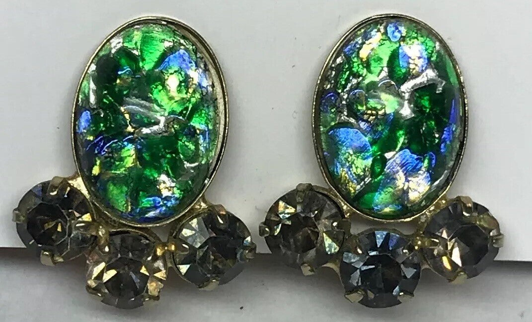 Vintage Gold Tone Opal Glass Rhinestone Crystal Clip On Earrings