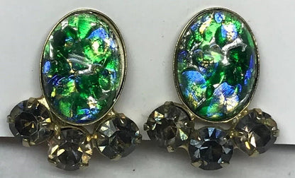 Vintage Gold Tone Opal Glass Rhinestone Crystal Clip On Earrings