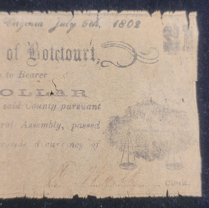 1862 $1 County of Botetourt, Fincastle, Virginia Obsolete Currency Bank Note