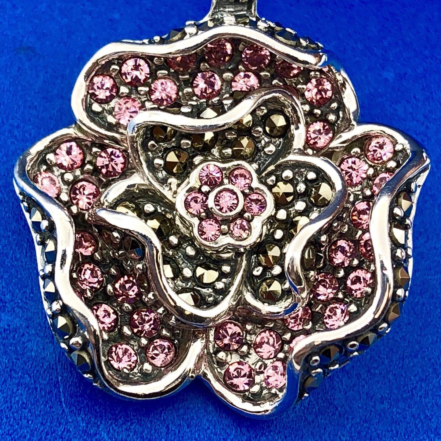 Designer Sterling Silver Pink Cubic Zirconia Marcasite Flower Enhancer Pendant