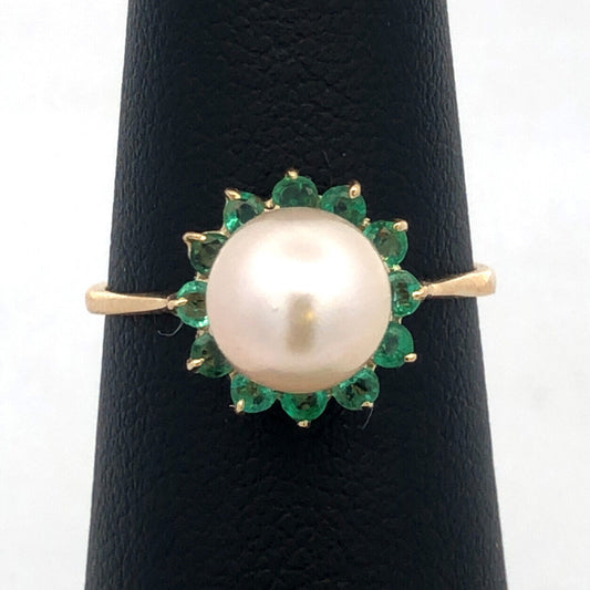 Designer 14K Yellow Gold Round Pearl Green Tourmaline Halo Cocktail Ring