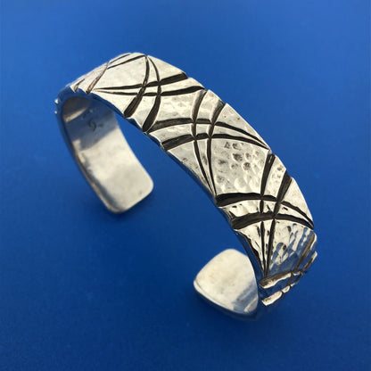 Native American 925 Sterling Silver Hammered Abstract Statement Cuff Bracelet