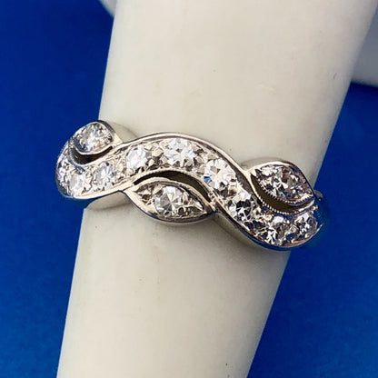Mid Century 14K White Gold Diamond Modernist Entwined Wave Wedding Band Ring