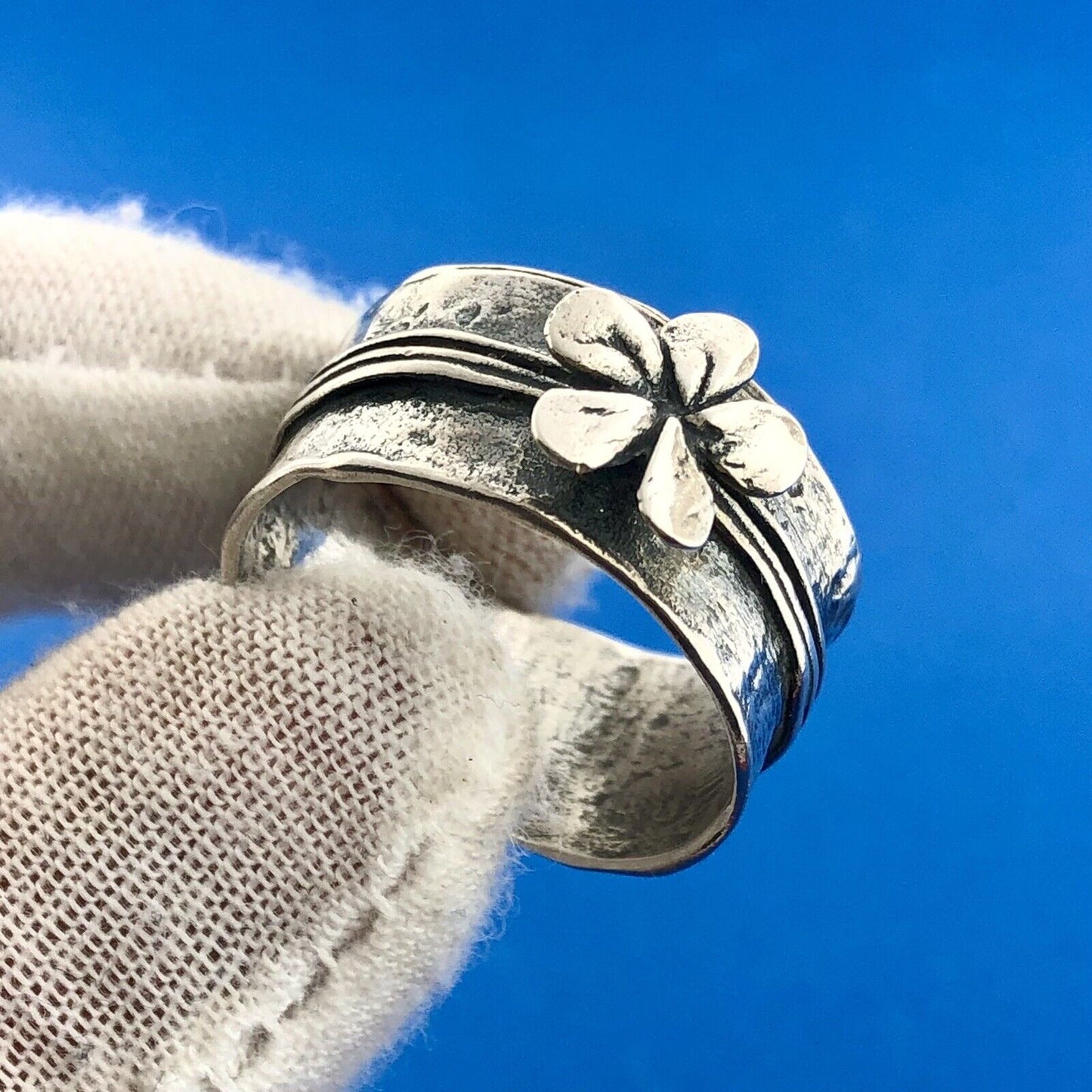 Vintage 925 Sterling Silver Daisy Peony Flower Wide Cigar Band Ring