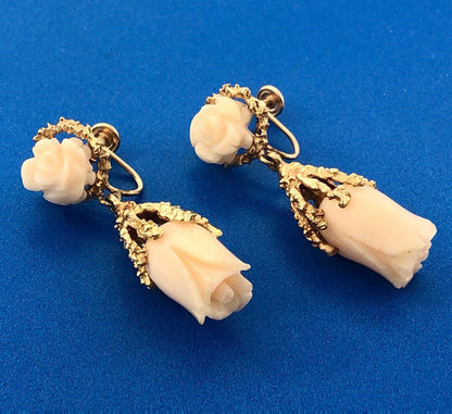 Mid Century 14K Yellow Gold Carved Pink Coral Rose Flower Dangle Screw Earrings